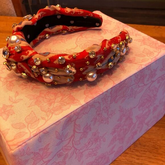 Lele Sadoughi Womens Faux Pearl Beads Crystal Knotted Headband Red Gold One Size